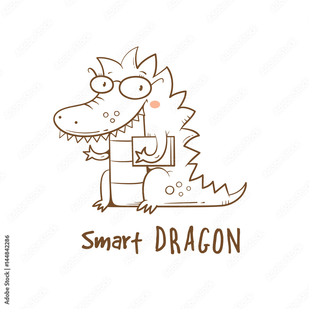 Card with cute cartoon dragon in glasses. Smart reptile with book. Funny animal. Vector contour image no fill. Children's illustration.