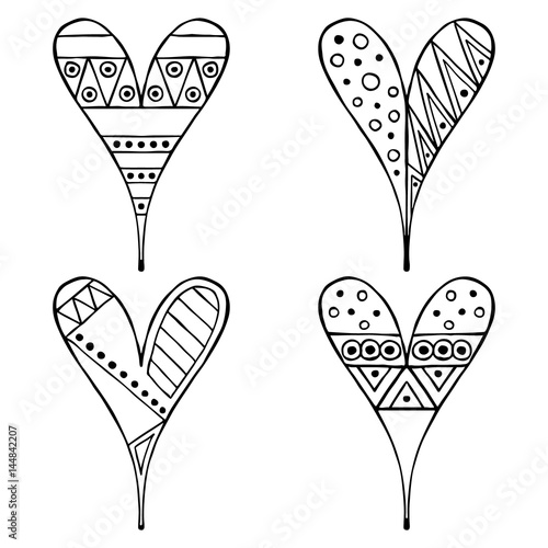 Set of vector hand drawn decorative stylized black and white childish hearts. Doodle style, graphic illustration. Ornamental cute line drawing. Series of doodle, cartoon, sketch illustrations.