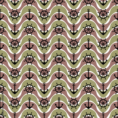 Vector seamless pattern with anchor, steering wheel, waves. Symmetrical brown background, nautical theme. Graphic illustration. Template for wrapping, backgrounds, fabric, prints, decor, surface