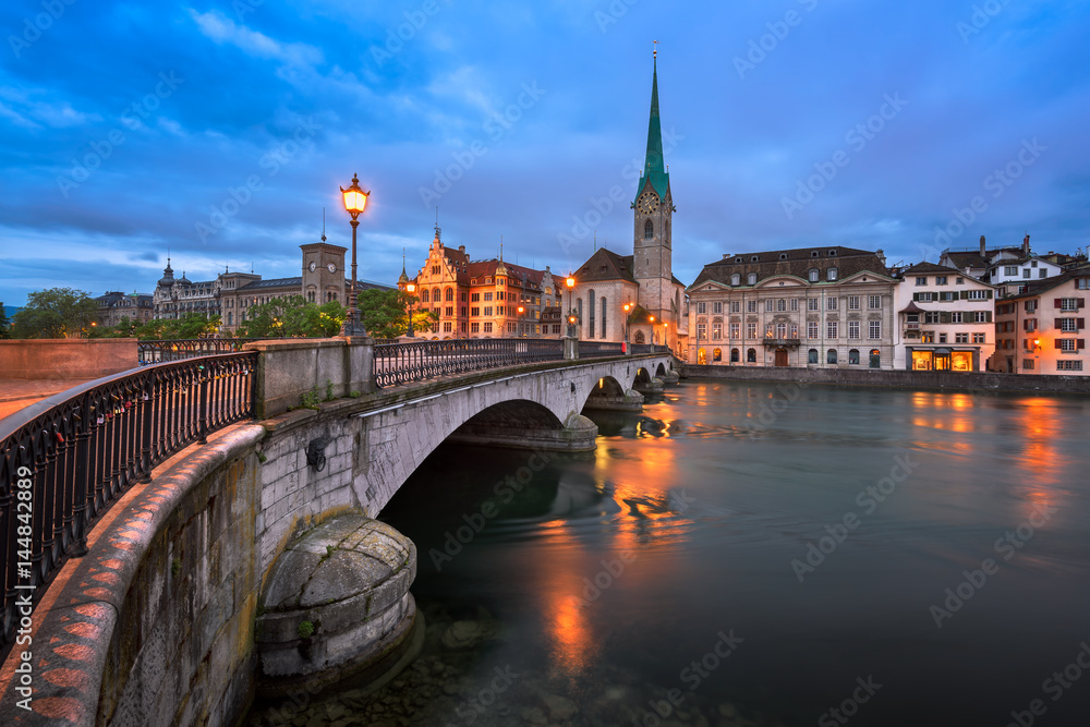Fraumunster Church and Limmat River in the Morning, Zurich, Switzerland Fraumunster Church and Limmat River in the Morning, Zurich, Switzerland