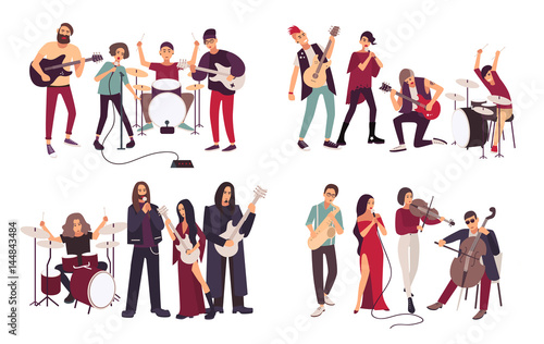 Different musical bands. Indie, metal, punk rock, jazz, cabaret. Young artists, musicians singing and playing music instruments. Colorful flat illustration set. photo