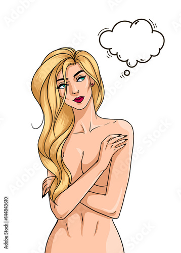 Beautiful nude woman in comics style. girl with sound cloud.