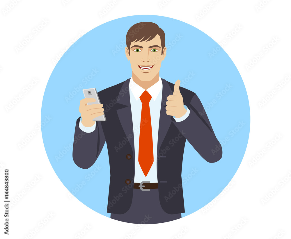 Businessman with mobile phone showing thumb up Businessman with mobile phone showing thumb up