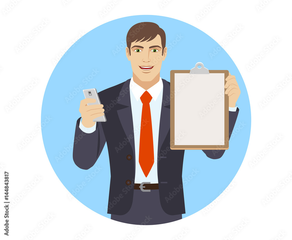 Businessman with mobile phone and clipboard