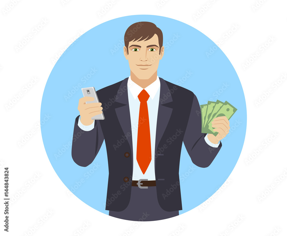 Businessman with mobile phone and cash money Businessman with mobile phone and cash money
