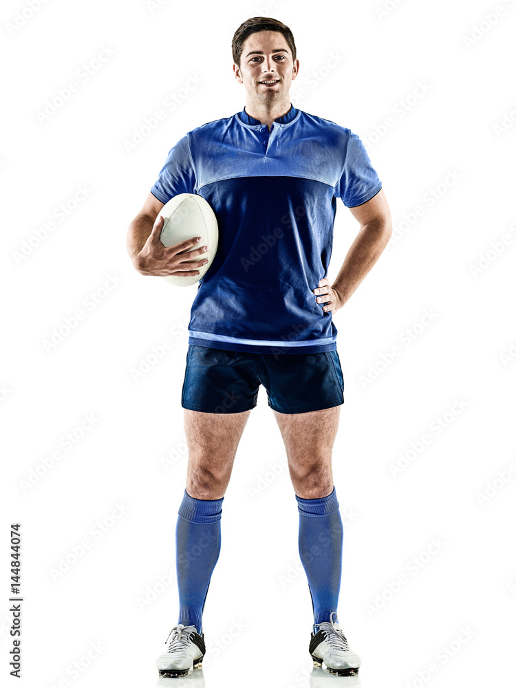 one caucasian rugby player man studio isolated on white background one caucasian rugby player man studio isolated on white background