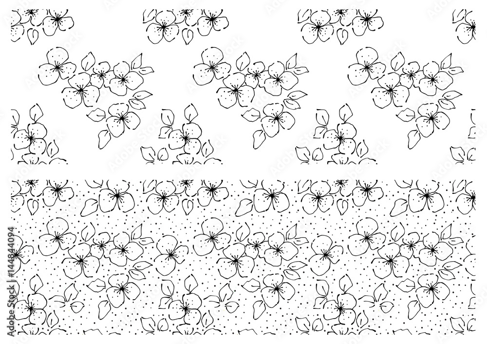 Vector set of floral illustration. Black and white seamless patterns ...