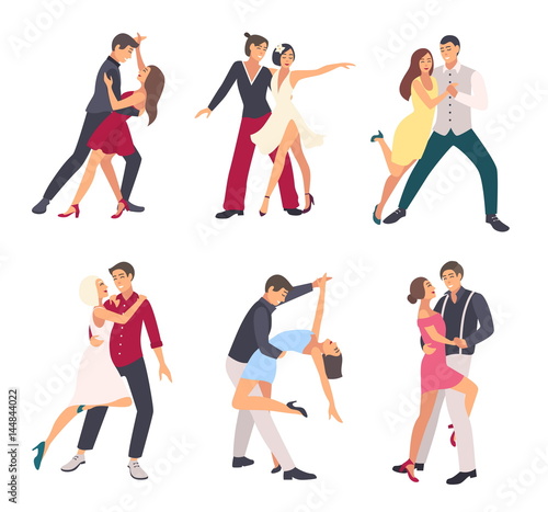People dancing salsa. Couples, man and woman in dance, in different postures. Colorful flat illustration set.