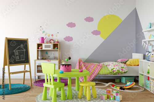 mock up wall in child room interior. Interior scandinavian style. 3d rendering, 3d illustration © Yuri-U