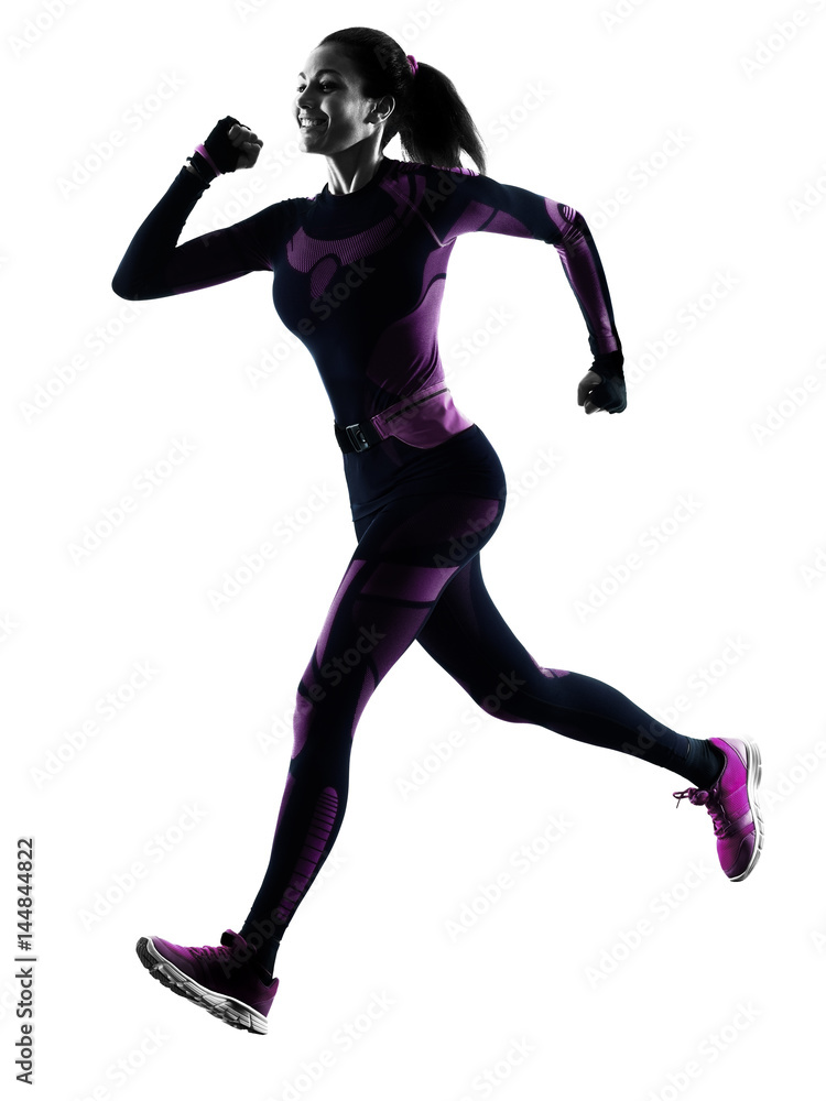 one young caucasian woman runner running jogger jogging isolated silhouette shadow on white background