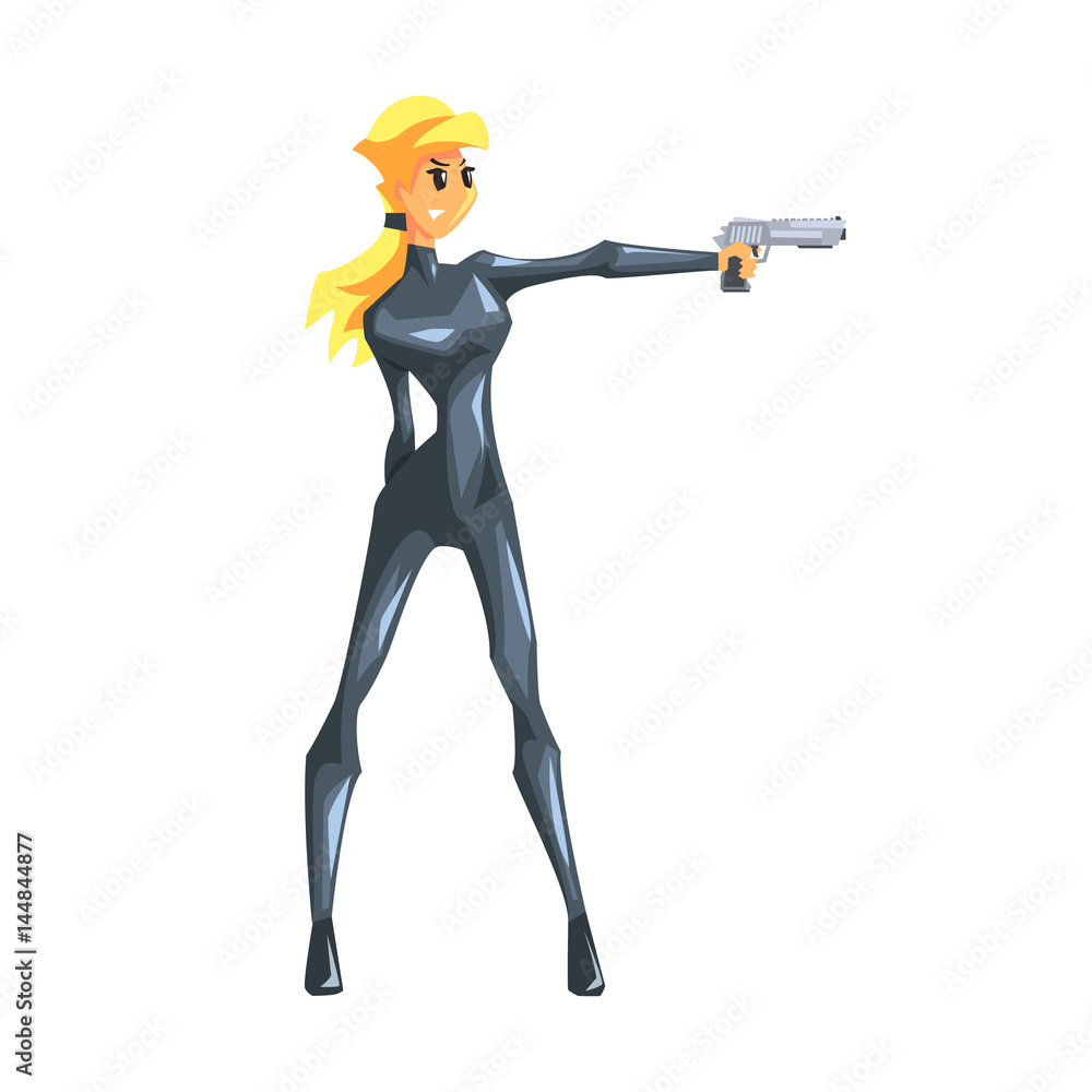 Secret Service Female Agent In Cat Suit Shooting With Gun. Sexy Blond Woman Professional Asset On Duty.
