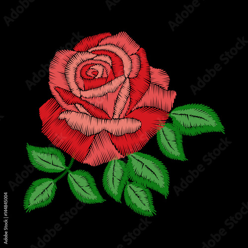 Red rose embroidery on black background. Satin stitch imitation, vector.
