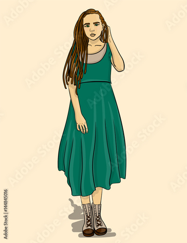 A girl with long light dreadlocks dressed in a blue dress and beige sneakers eps 10 illustration