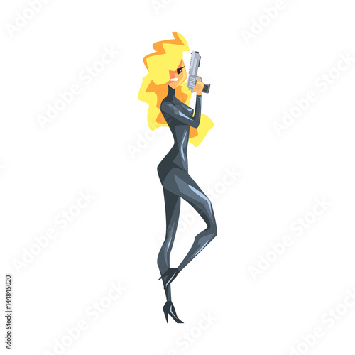 Secret Service Female Agent Taking Cover. Sexy Blond Woman Professional Asset On Duty.