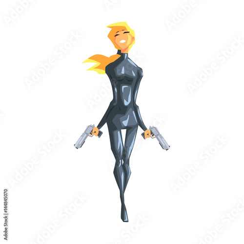 Secret Service Female Agent Posing With To Guns. Sexy Blond Woman Professional Asset On Duty.