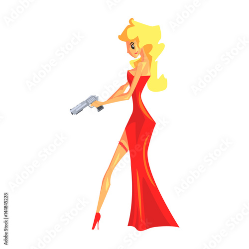 Secret Service Female Agent In Red Dress With Gun. Sexy Blond Woman Professional Asset On Duty.
