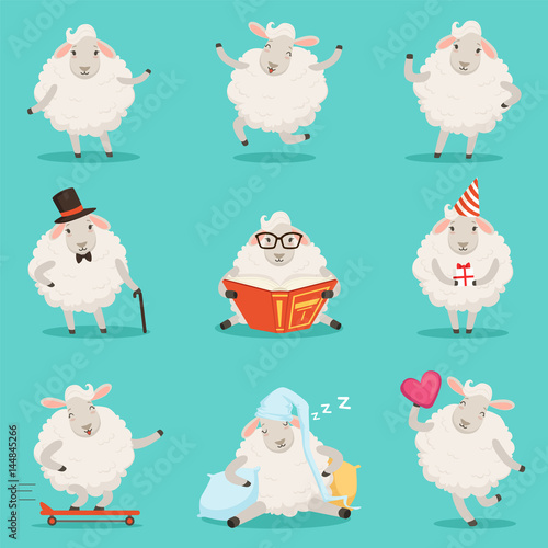 Cute little sheep cartoon characters set for label design. Colorful detailed vector Illustrations isolated on white background