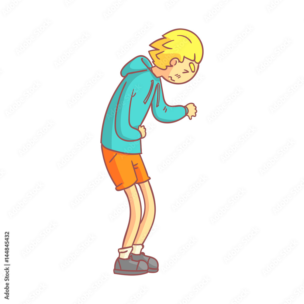 Young man suffering from stomach pain. Colorful cartoon character