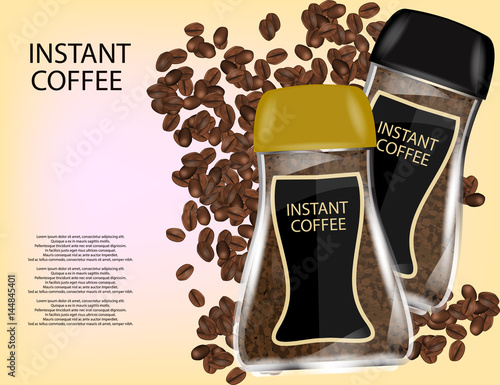 Coffee Glass Jar with Instant Coffee Granules and Coffee Beans Isolated on Yellow Background.