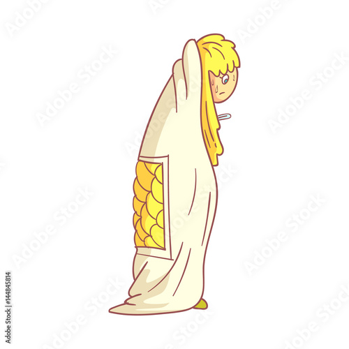 Girl caught flu, having high temperature standing and covered with a blanket. Colorful cartoon character