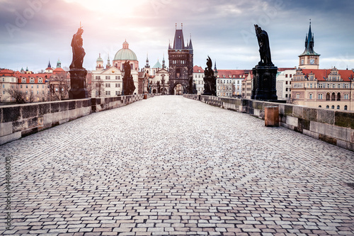 Tableau sur toile Beautiful morning at empty Charles bridge tower, wide angle panorama