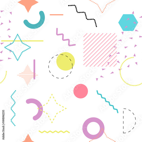 Abstract seamless patterns 80's-90's styles. Trendy memphis style. Colorful geometric background set.
