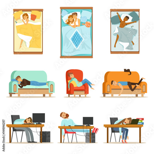 People Sleeping In Different Positions At Home And At Work, Tired Characters Getting To Sleep Set Of Illustrations
