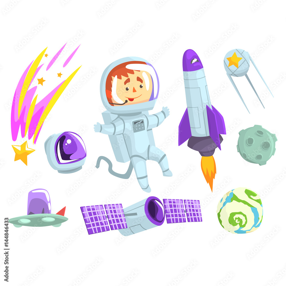 Astronauts in space, set for label design. Cosmos exploration colorful cartoon detailed Illustrations Astronauts in space, set for label design. Cosmos exploration colorful cartoon detailed Illustrations
