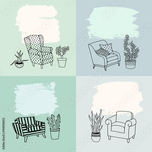 Vector set of the furniture of living room. Armchairs and plants. Brush strokes with plenty space for your text