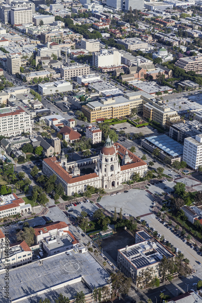 Aerial view of Pasadena City Hall and downtown in Southern California.