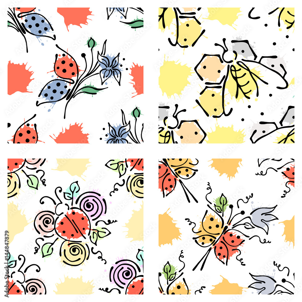 Vector seamless floral pattern with butterfly, apis, ladubug, splash, blots, drop Hand drawn contour lines and strokes Doodle sketch style, graphic vector drawing illustration