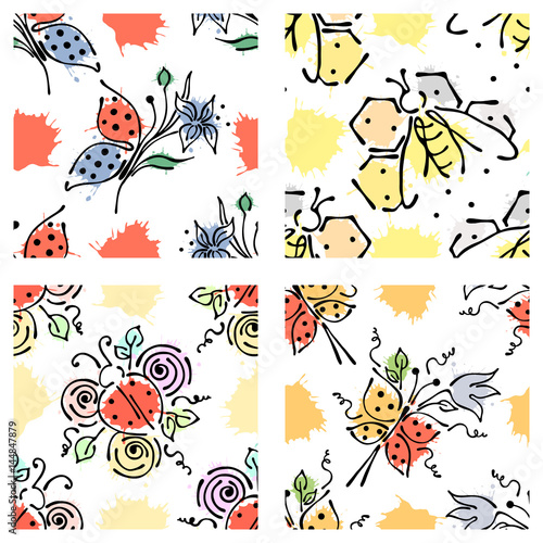 Vector seamless floral pattern with butterfly, apis, ladubug, splash, blots, drop Hand drawn contour lines and strokes Doodle sketch style, graphic vector drawing illustration