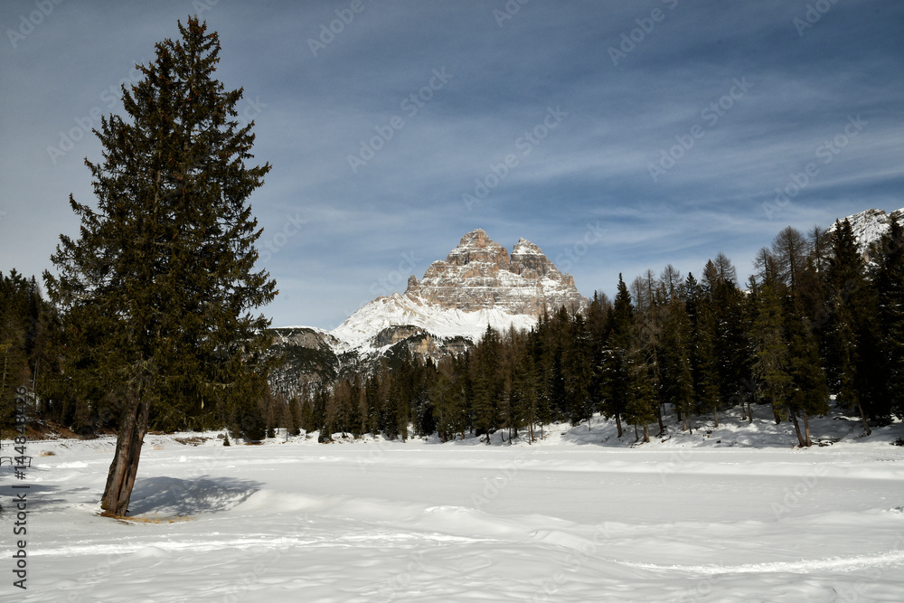 Tre Cime di Lavaredo (Drei Zinnen) as seen from Antorno lake, Dolomites, Veneto, Italy. Tre Cime di Lavaredo (Drei Zinnen) as seen from Antorno lake, Dolomites, Veneto, Italy.