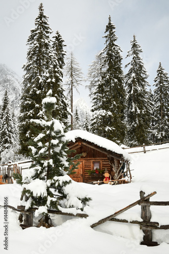 Wallpaper Mural Alpine hut in winter in the Alps. Winter Landscape in a Forest near Lake Antholz Anterselva, South Tirol, Italy Torontodigital.ca