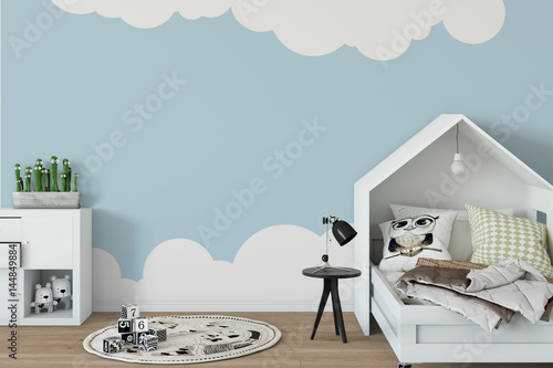 Fototapeta mock up wall in child room interior. Interior scandinavian style. 3d rendering, 3d illustration