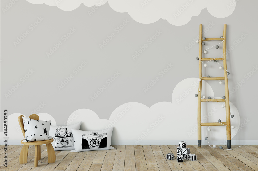 Fototapeta premium mock up wall in child room interior. Interior scandinavian style. 3d rendering, 3d illustration