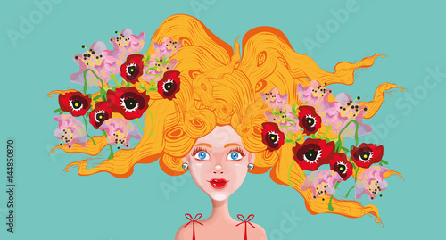 vector illustration with a beautiful blond girl with flowers in her hair 