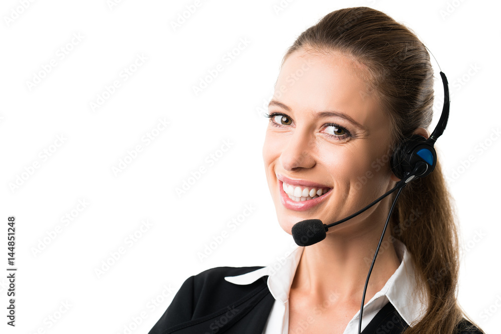 junge lächelnde Geschäftsfrau mit Headset junge lächelnde Geschäftsfrau mit Headset