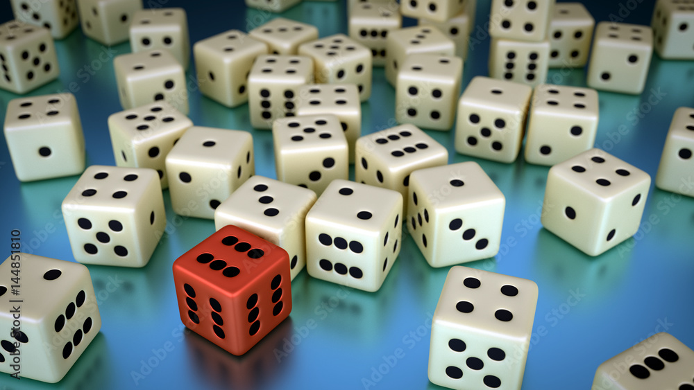 Viele Spielwürfel, einer ist manipuliert, hat auf jeder Seite sechs Augen - Glücksspiel Viele Spielwürfel, einer ist manipuliert, hat auf jeder Seite sechs Augen - Glücksspiel