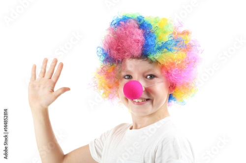 Portrait of little boy clown on white background