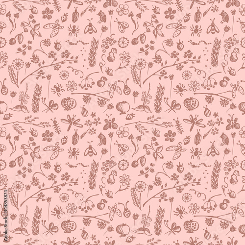 Seamless vector pattern, background with hand drawn cute insects, animals, fruits, flowers, leaves, decorative elements Hand sketch line drawing. doodle style Series of Hand Drawn seamless Patterns.