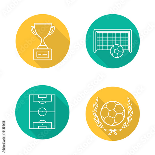 Soccer championship flat linear long shadow icons set
