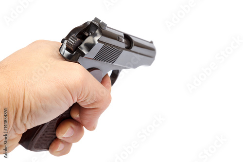 Gun in hand isolated on white background