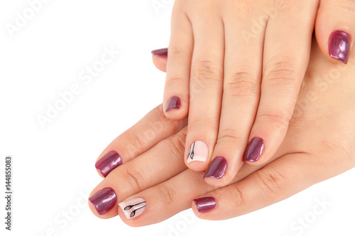 Beautiful female hands with manicure on white background
