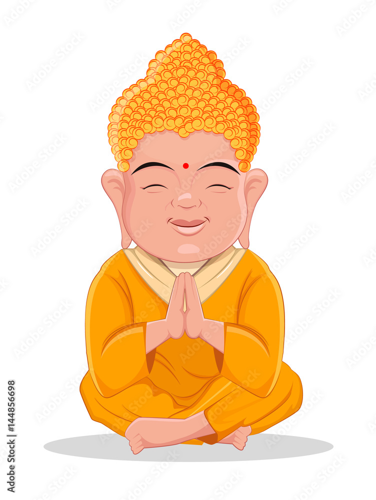 Obraz premium Sitting Buddha. Cute colorful cartoon character for Indian, Buddhism, spiritual holidays. Usable for banner, greeting card, print, poster. Stock vector