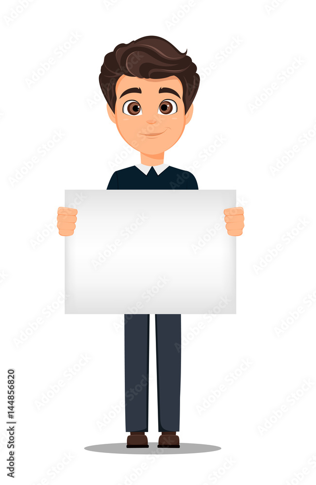 Business man cartoon character. Young handsome smiling businessman in smart  casual clothes holding blank banner - stock vector Stock Vector | Adobe  Stock