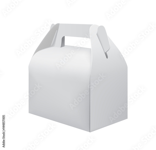 White cardboard carry box for food isolated on white background vector illustration. Packaging design element for branding.