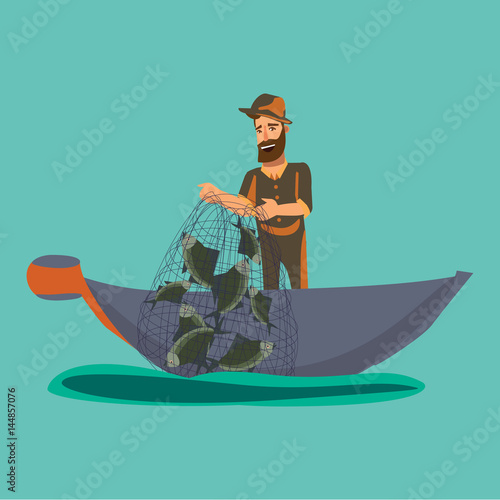 Cartoon fisherman standing in hat and pulls net on boat out of water, happy fishman holds fish illustration isolated icon. Vacation flat fisher catch concept, man active hobby character design