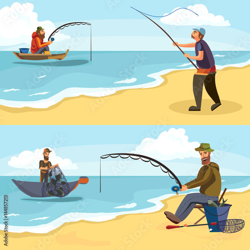 Fisherman in rubber boots throws a fishing rod with a line and crocheted into the water for fly-fishing, character man catches fish standing off shore with spin vacation concept vector illustration