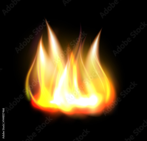 Realistic burning fire flame element isolated on black background vector illustration.